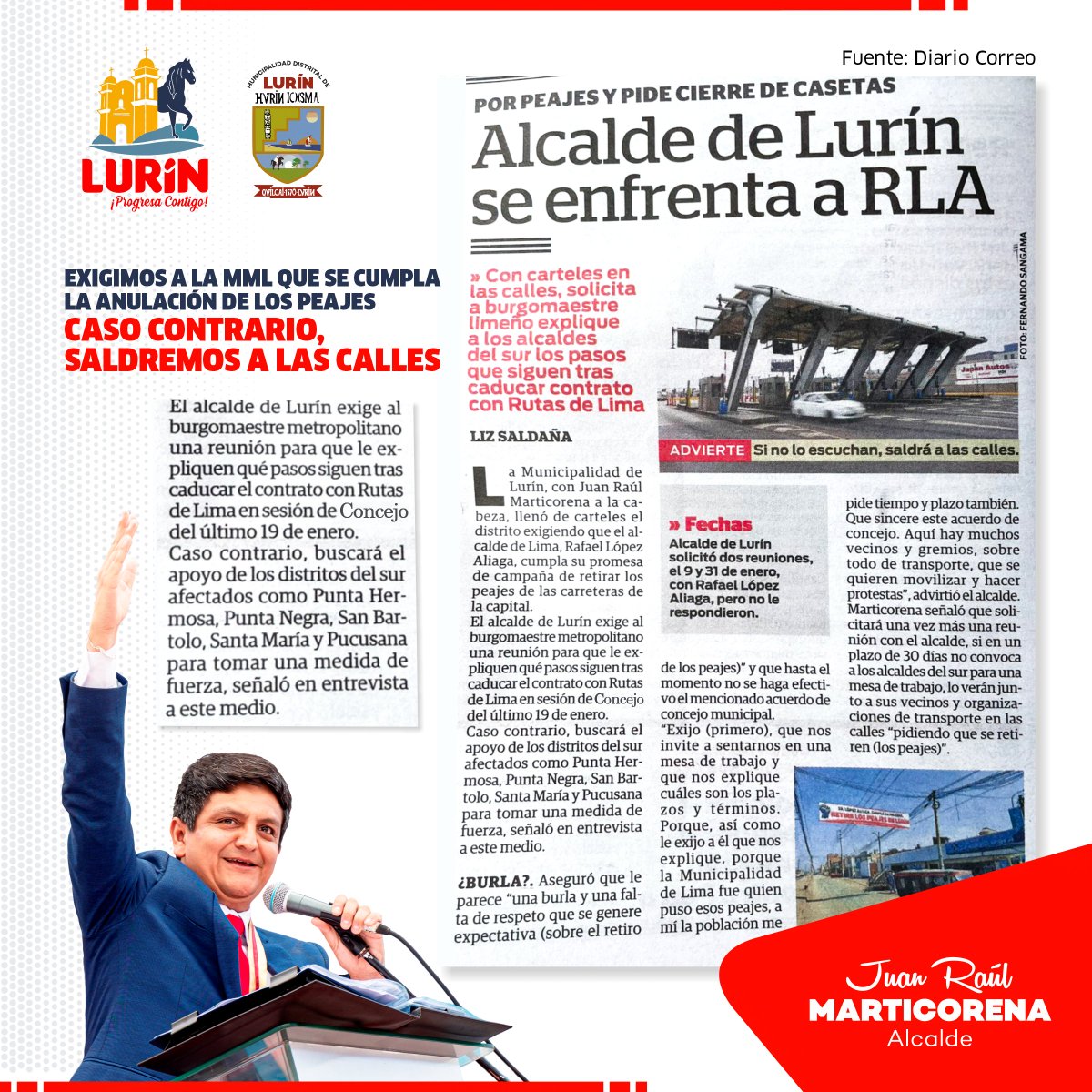 munilurin1's tweet photo. ¡𝐄𝐍 𝐏𝐈𝐄 𝐃𝐄 𝐋𝐔𝐂𝐇𝐀 𝐂𝐎𝐍𝐓𝐑𝐀 𝐄𝐋 𝐏𝐄𝐀𝐉𝐄 𝐀𝐁𝐔𝐒𝐈𝐕𝐎!
El alcalde de Lurín @juanmarticorena  a través de una entrevista al @diariocorreo hizo expresa su solicitud al alcalde de Lima, @rlopezaliaga1 , exigiendo el fin al peaje abusivo. https://t.co/xEAAWytSL4