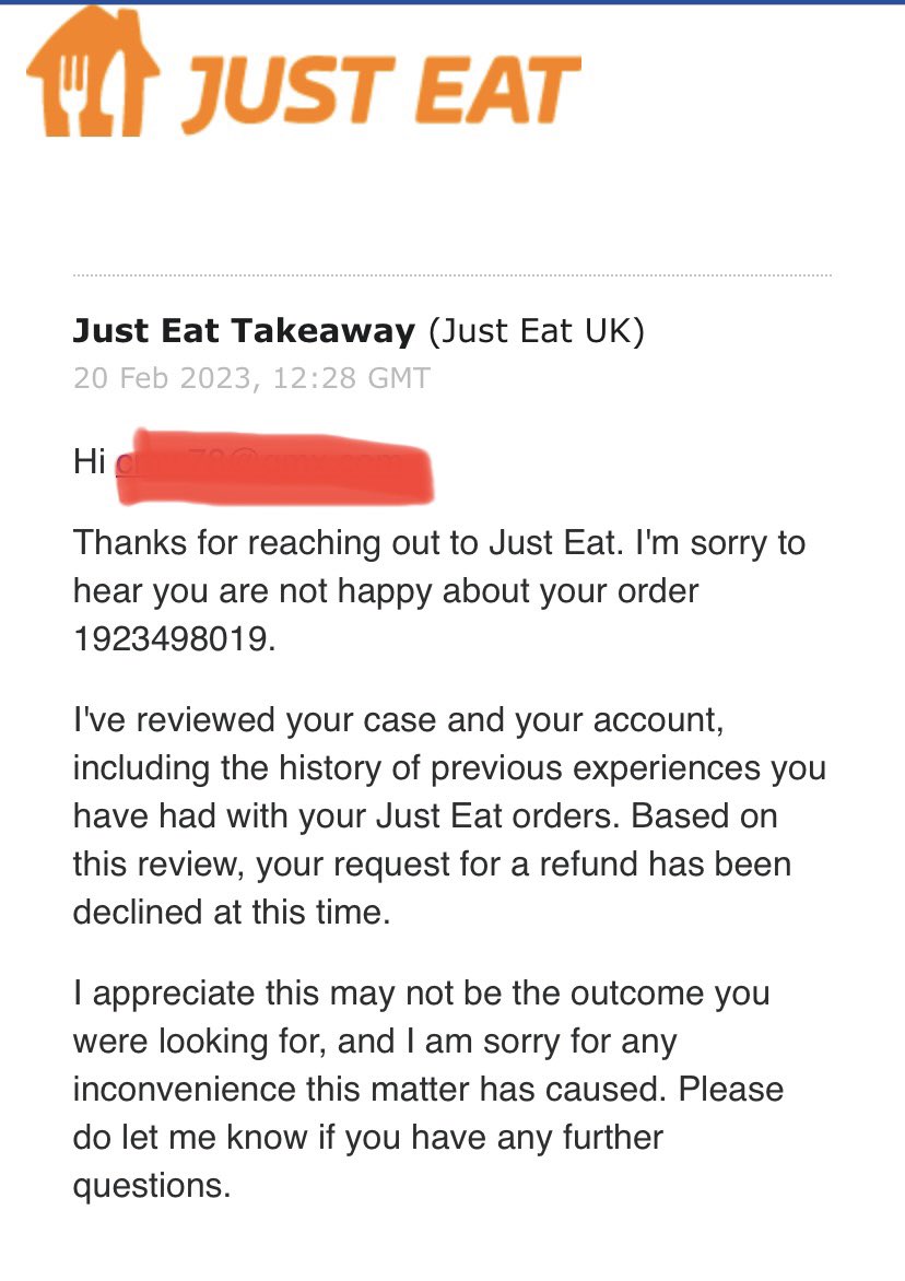 ChrisBDMATech's tweet photo. @JustEatUK How do you find this response acceptable? Our food was an hour late after waiting 2 and a half hours, cold and inedible and half our order was missing! Disgusting reply to my complaint!! #JustEat https://t.co/aRFCDqD75Q