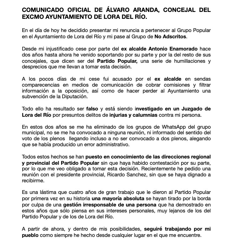 Dejo de pertenecer al Grupo Municipal del PP de Lora del Río por ser acosado por la dirección local y provincial.