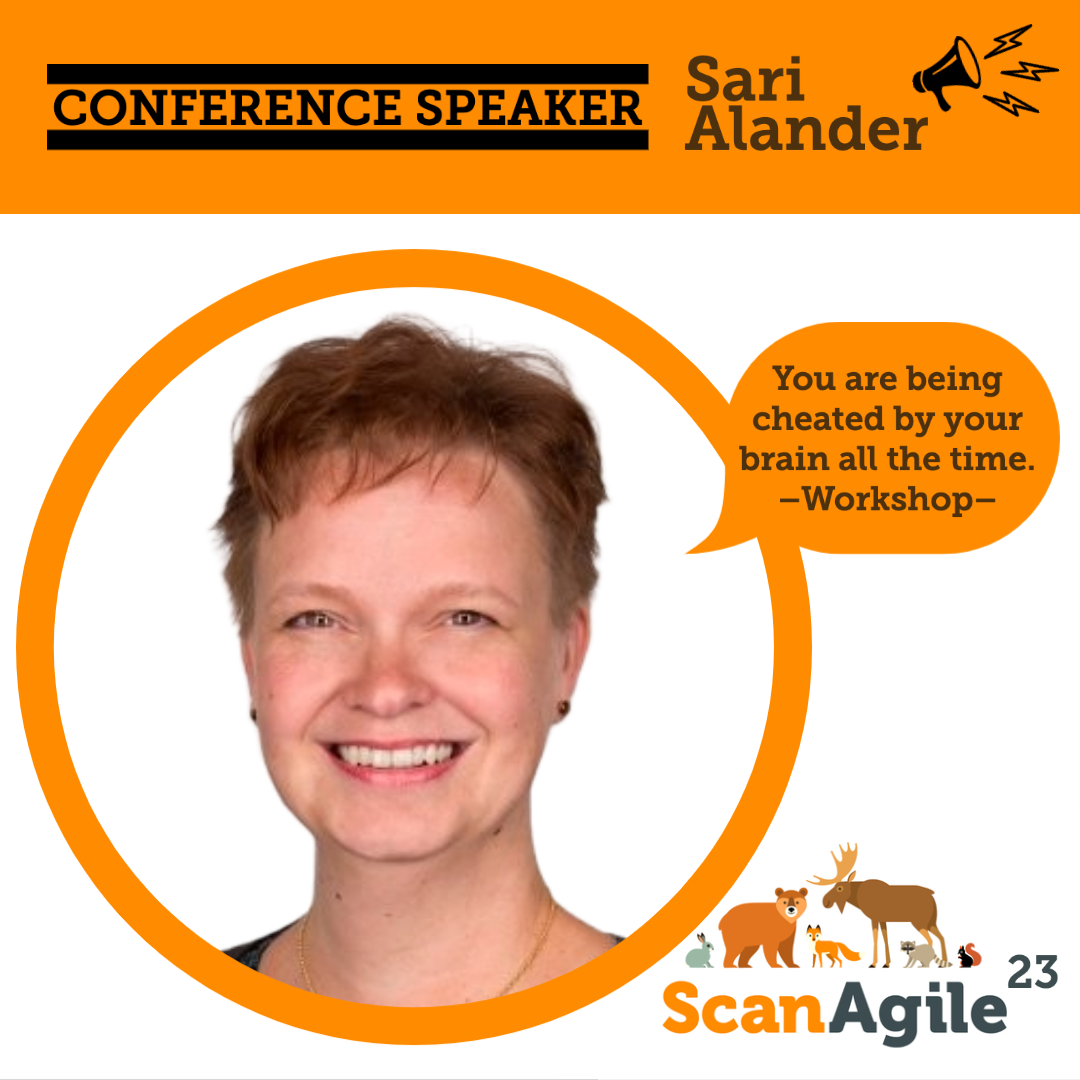 🥁Next up, how people behave fascinates her 
🌟Sari Alander–#ScanAgile23 workshop–You are being cheated by your brain all the time
🔥She is a Lean-Agile Coach at <a href="/NitorDelta/">Nitor Delta</a>
📣Tips on increasing self-awareness &amp; spotting brain cheating. In the end, you'll be a more aware person!