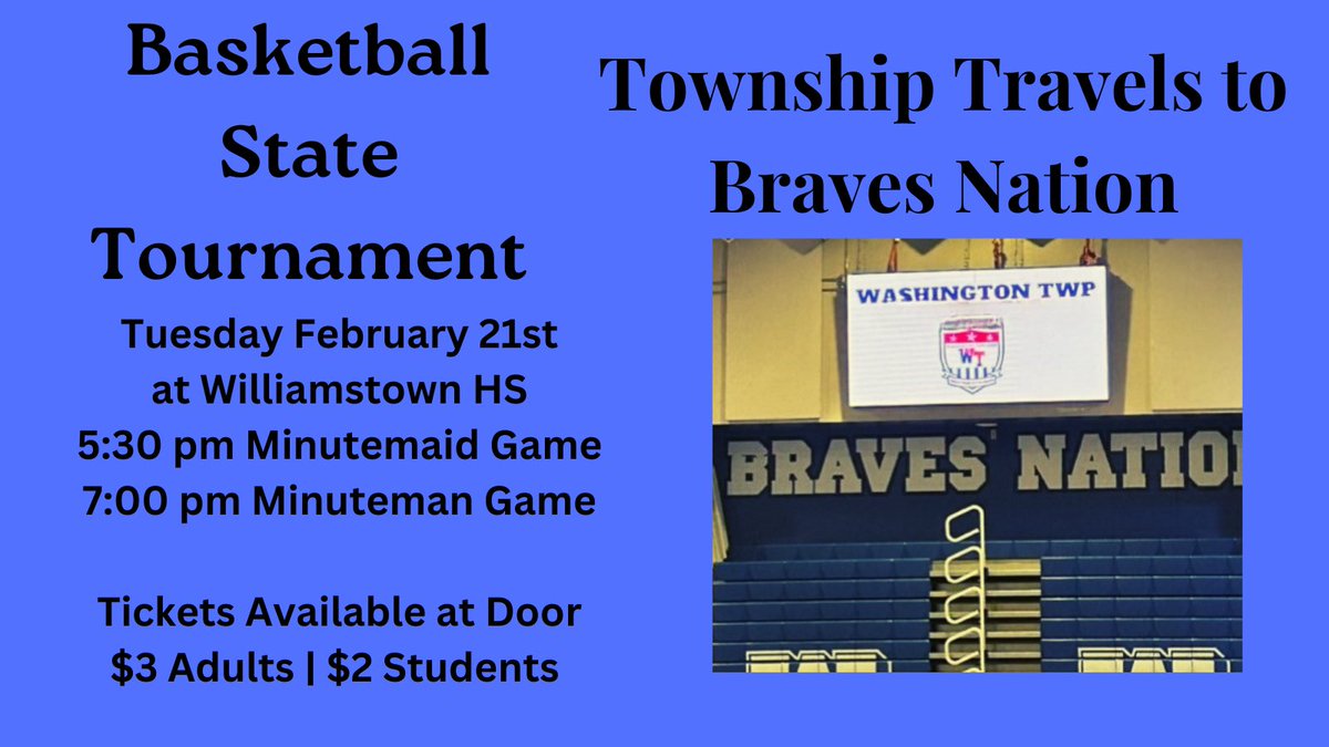 Tuesday February 21, 2023
State Tournament Basketball 
⁦<a href="/TWPBasketball/">Coach Kiser TWP</a>⁩ ⁦<a href="/Minutemaidbball/">WTHS Minutemaids Basketball</a>⁩
