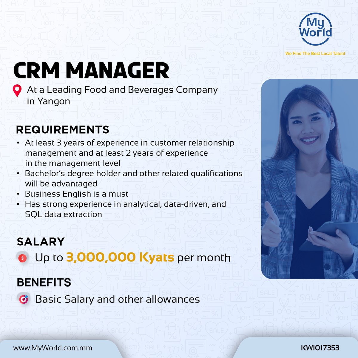 MyWorld_Myanmar's tweet image. #Hiring in #Yangon

Position - #CRMManager at a Leading Food and Beverages Company
Salary - Up to 3,000,000 Ks per month
#Job Link - bit.ly/3E9oAIz

Email - support@myworld.com.mm 

#vacancies #jobs #ApplyNow #JobOpportunity