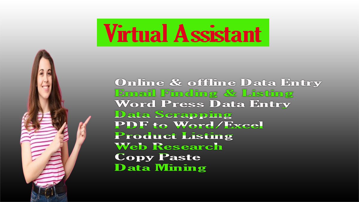 I am an experienced Virtual Assistant. I provide high-quality Virtual Assistant services.

Please open my link :
fiverr.com/reshmi430/do-d…

#webresearch
#virtualassistant
#dataentry
#copypaste
#typing
#accuratedataentry
#exceldataentry
#internetresearch
#datamining