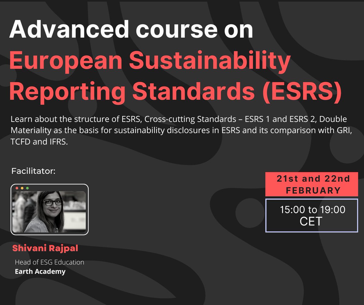 EarthAcademyGbl's tweet photo. Learn about the structure of ESRS, Cross-cutting Standards – ESRS 1 and ESRS 2, Double Materiality as the basis for sustainability disclosures in ESRS and its comparison with GRI, TCFD and IFRS.

(Visit https://t.co/Q37jPE8s1a)

#EFRAG #esrs #csrd #sustainabilityreporting https://t.co/78lTKpEdqe