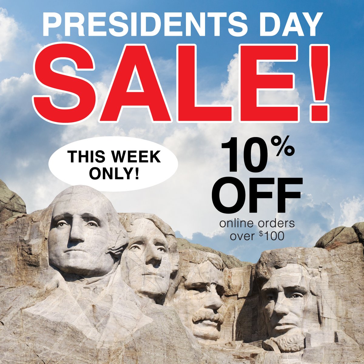 Take 10% off your online order over $100 during our #PresidentsDay sale! Enter the promo code TENOFF at checkout. This week only! Ends February 26.