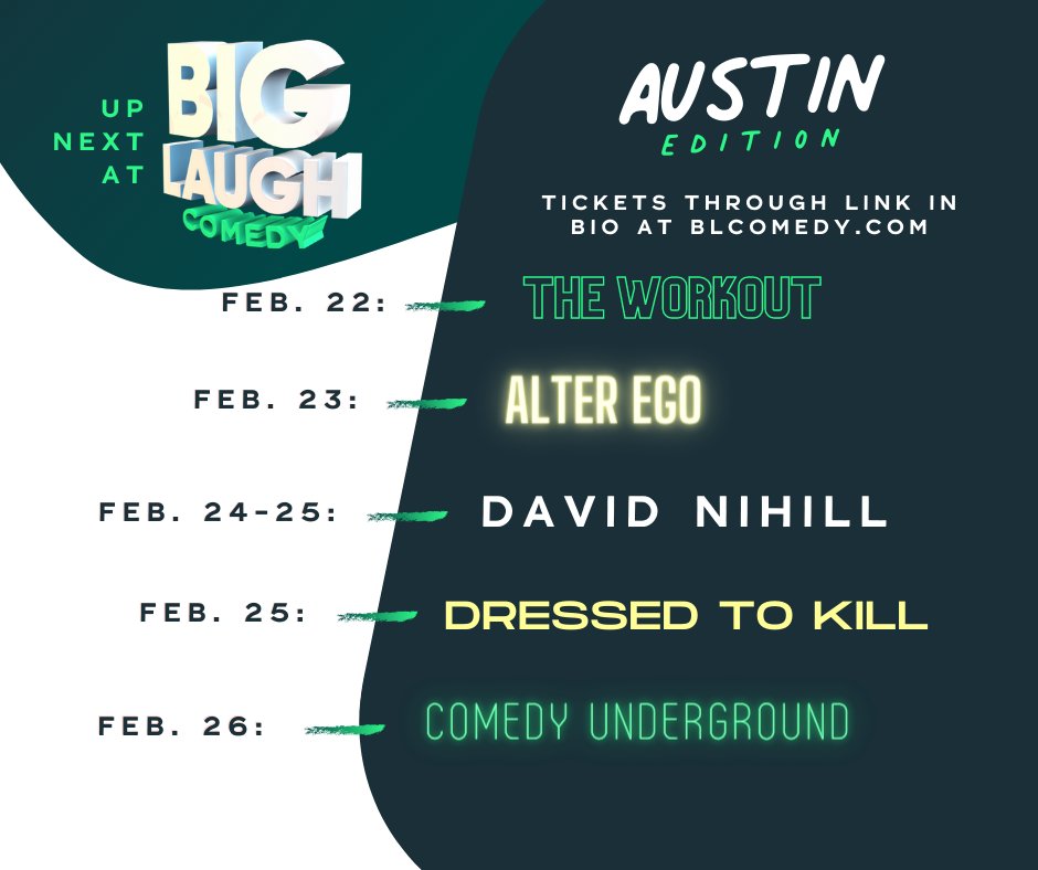 This week at Big Laugh Comedy is heating up with the weather! Feat. shows from <a href="/thealliwo/">Allison Wojtowecz</a>, <a href="/jordandaunixorn/">🦄 no longer here</a>, <a href="/davidnihill/">David Nihill</a>, <a href="/goodguyconnor/">Connor</a>, <a href="/thisisnot_scott/">Scott Wharton G.E.D.</a>, <a href="/darian_irwin/">Darian Irwin</a>, and more! Get your tickets --> l8r.it/V6dK