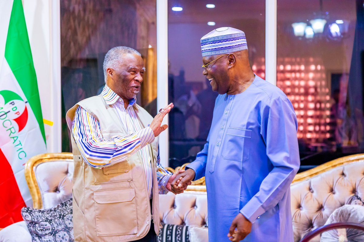 atiku's tweet photo. I just finished a meeting with the Commonwealth Observer Group to Nigeria, led by His Excellency Thabo Mbeki, former President of South Africa. We had rich diplomatic conversations, and it was a good opportunity to keep up with President Mbeki.  -AA https://t.co/Tly9s6tkQp