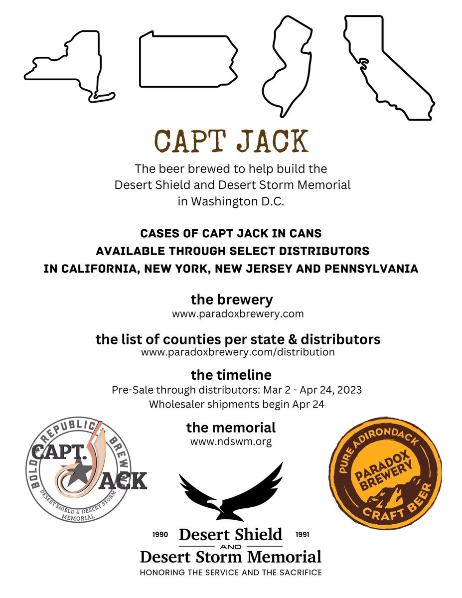 If your VFW Post (or similar) is located in any of the applicable counties, get in touch with a distributor to get Capt Jack in time for Memorial Day Weekend. 
View counties here: paradoxbrewery.com/distribution
<a href="/NJVFW/">NJ VFW</a> <a href="/VFWCalifornia/">VFW California</a> <a href="/AMVETSHQ/">AMVETS</a> <a href="/HqVfw/">VFW National HQ</a> <a href="/BrewHonor/">Capt Jack</a>