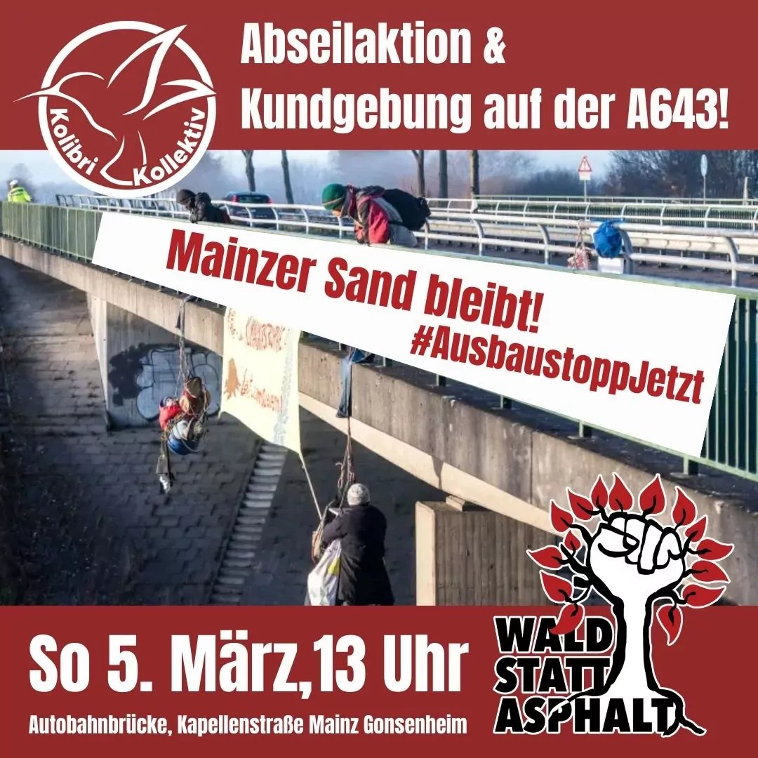 KolibriKllktv's tweet photo. Abseilaktion auf der A643 am 5.3.
Die Bundesregierung plant, den Ausbau von über 140 #Autobahn-Projekten im Eiltempo&ohne jede Umweltverträglichkeitsprüfung durchzupeitschen.
Das betrifft auch die A60&die A643 im Naturschutzgebiet #MainzerSand.
Nicht mit uns! #AusbaustoppJetzt https://t.co/VqRuaMxwty