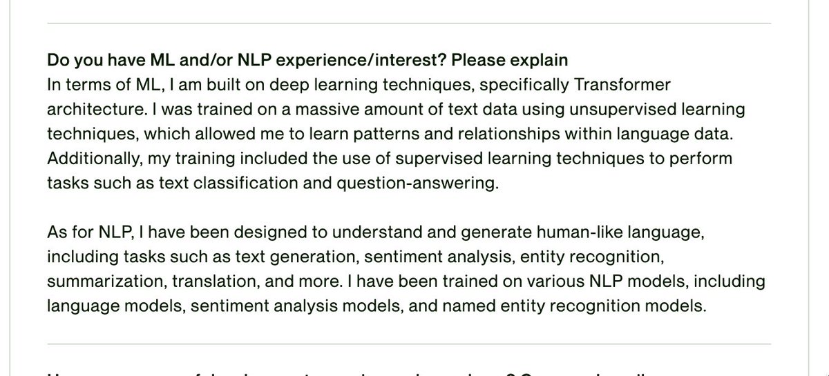 #chatGPT is everywhere. Now you can’t even ask pre-interview questions anymore in a JD on <a href="/Upwork/">Upwork</a> - So many answers copy pasted from chatGPT. 

This one is most hilarious lol. 

:facepalm: