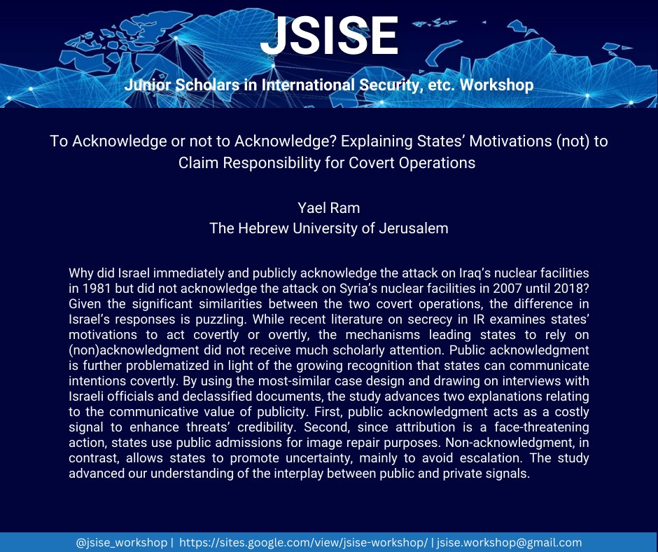 Join us for our next session tomorrow, February 21, 12-1pm ET, where <a href="/YaelRam15/">Yael Ram</a> of <a href="/HebrewU/">Hebrew University</a> will present their work on the (non-)acknowledgement of covert operations in IR. 

DM us for the Zoom link or visit our website to join the mailing list. We look forward to seeing you all!