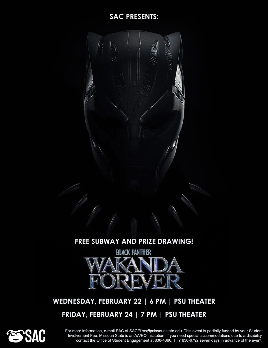 Missouri State University Family Programs (@bearsfamilies) on Twitter photo <a href="/MOStateSAC/">Student Activities Council at MSU</a> has some fun events this week including Pot Planting Night and Movie Night on Wednesday and Friday night. The movie being shown is Black Panther Wakanda Forever. <a href="/MOStateSAC/">Student Activities Council at MSU</a> has some fun events this week including Pot Planting Night and Movie Night on Wednesday and Friday night. The movie being shown is Black Panther Wakanda Forever.
