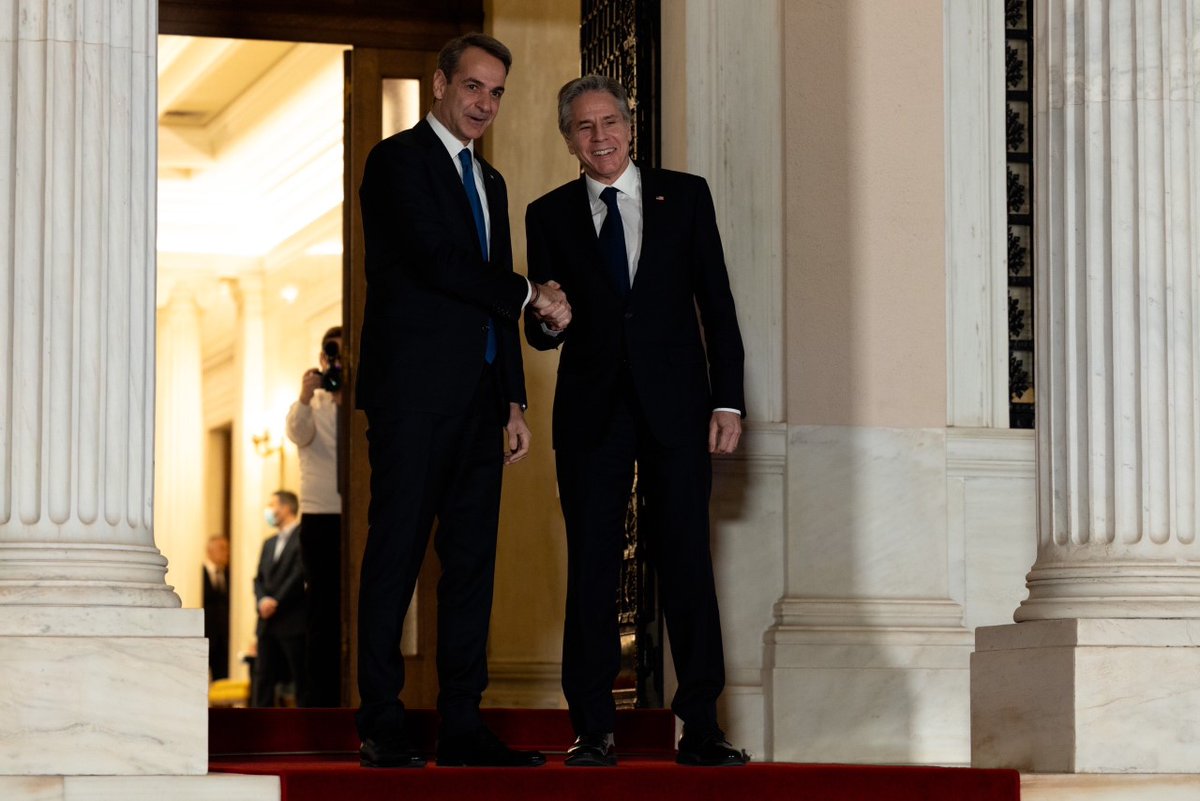 SecBlinken's tweet photo. Sat down with @PrimeMinisterGR Kyriakos Mitsotakis today and affirmed the United States’ unshakeable partnership with Greece. The United States stands with Greece and supports Greece’s continued leadership in the region. https://t.co/AsLWPvcX8h