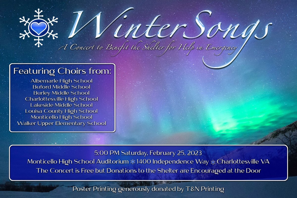 📢 The ninth annual Wintersongs concert will be returning to its live format this year to raise money for the Shelter for Help in Emergency. On Sat., Feb. 25th, at 5 p.m., eight local school choirs  will come together at Monticello High School to perform. wintersongs.org