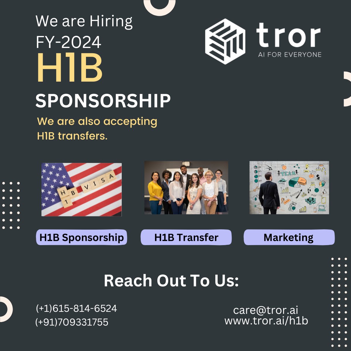 We are #hiring
We can help you with #H1BVisa Sponsorship and #h1btransfer
You can fill out the application form through the given link- tror.ai/h1b
For more details please connect with us
care@tror.ai
(+1)615-814-6524
(+91)7093317555
tror.ai

#h1bvisas