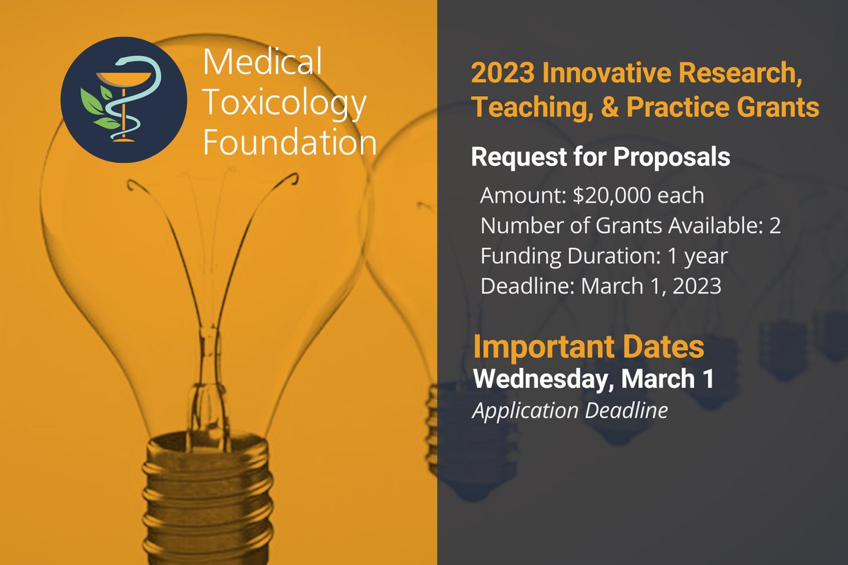 &gt;bit.ly/mtfIRTP&lt; Don't forget to apply!

The Medical Toxicology Foundation invites ACMT members to apply for the 2023 Innovative Research, Teaching &amp; Practice Grants, valued at $20,000. Two grants available! Application DUE 3/1/23 <a href="/Em2Kiernan/">Emily K</a>