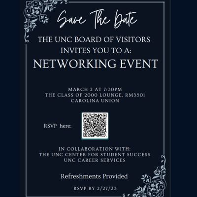 Looking for a networking opportunity?  Save the date for the #UNCBoardofVisitors  #Networking event, in collaboration with our friends at #UNCCenterforStudentSuccess. RSVP through the QR code below!