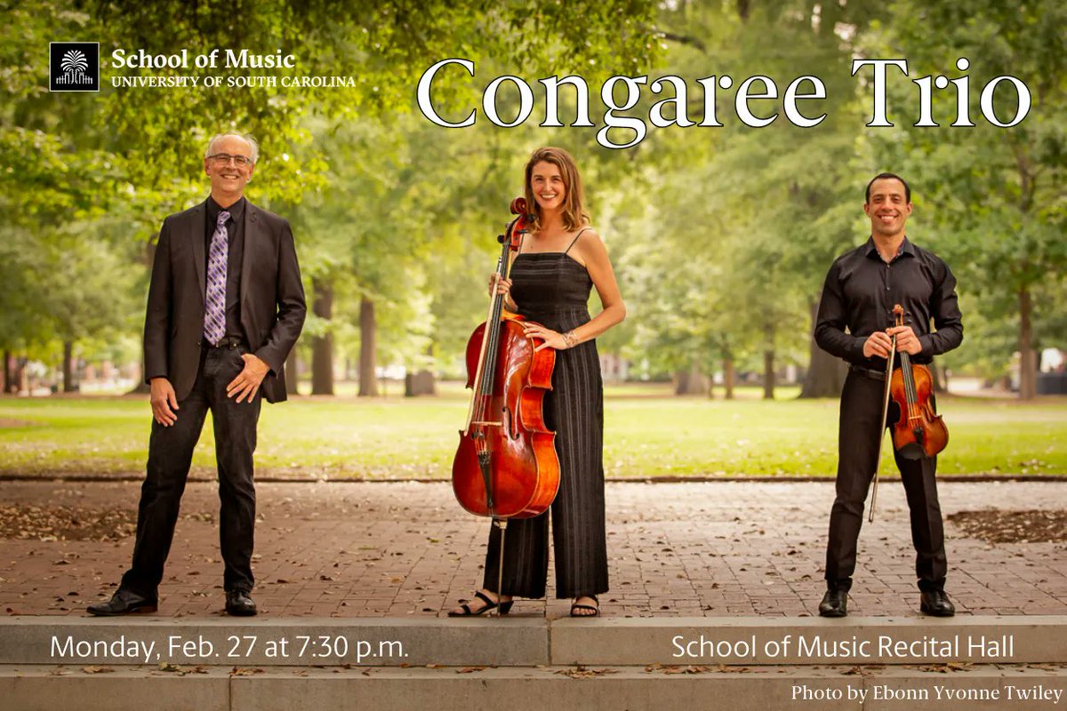 GamecockMusic's tweet photo. #GamecockMusic very own Congaree Trio will be performing the wonderful Piano Trio in G Minor by Antonin Dvorak. Congaree Trio consists of #USCMusic faculty, Phillip Bush, Claire Bryant and Ari Streisfeld. Save the date to experience an evening of chamber music! @UofSCEvents https://t.co/IQiUHFYvyj
