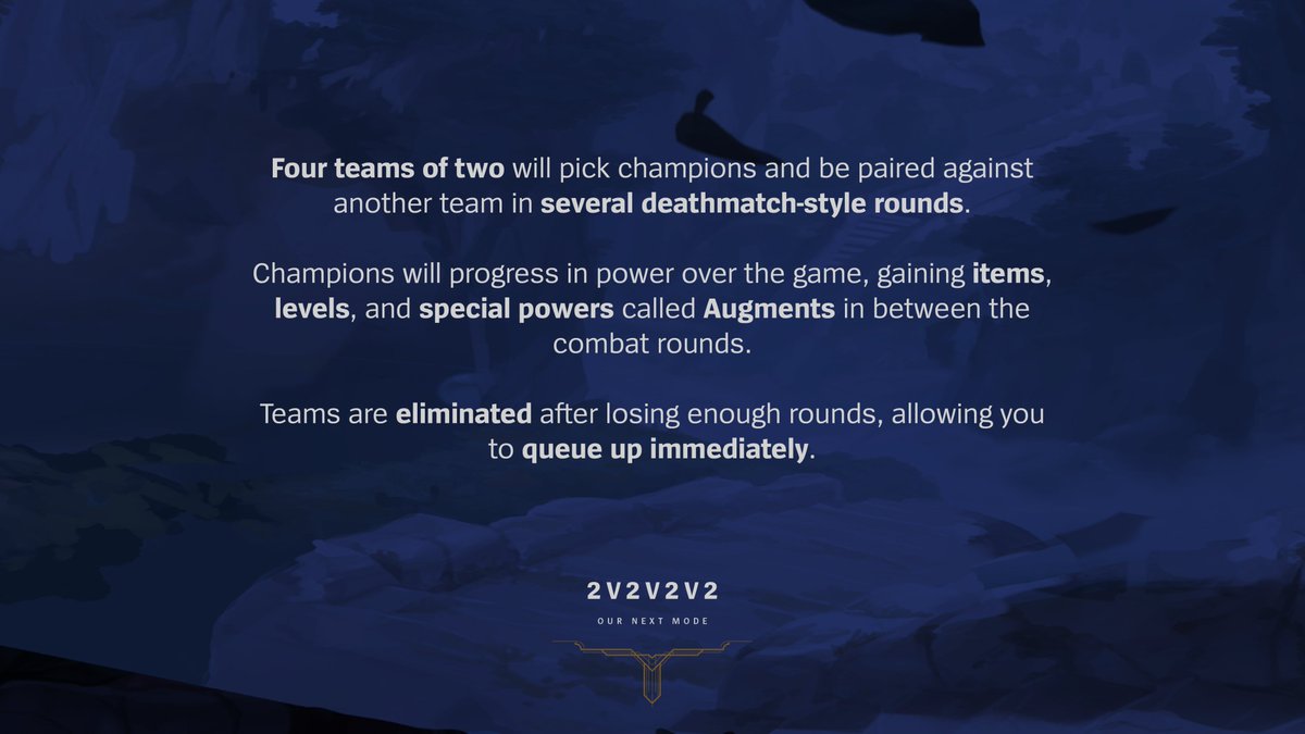 LoLUKN's tweet photo. Last week we shared a few updates on the upcoming new 2v2v2v2 game mode that will be arriving sooner than expected.

Here's a rundown of our goals for this mode 👇
🔸Quicker champ vs champ combat
🔸Pushing champ customization beyond the limits
🔸Lessen time spent idling https://t.co/Tcb91D0ikT