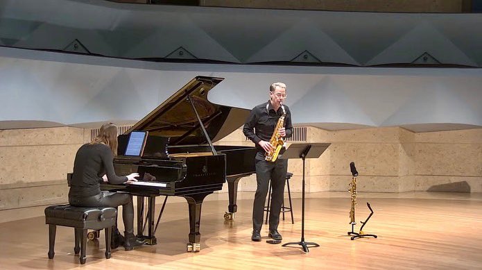 McAllisterSax's tweet photo. Great fun to finally be in beautiful Middlebury with Matthew Evan Taylor and to play his work “Get Up!” for him, in person! 
#ProjectEncore #OnTour 
https://t.co/mw4inwdvSp https://t.co/eOpK52dX0j