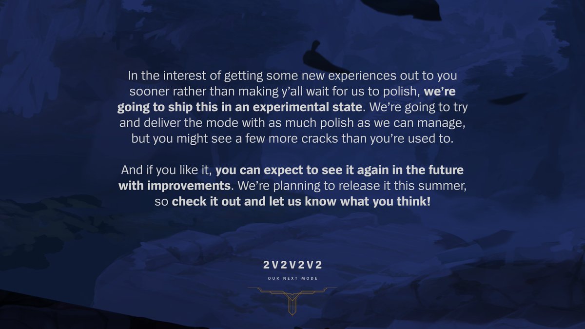 LoLUKN's tweet photo. Last week we shared a few updates on the upcoming new 2v2v2v2 game mode that will be arriving sooner than expected.

Here's a rundown of our goals for this mode 👇
🔸Quicker champ vs champ combat
🔸Pushing champ customization beyond the limits
🔸Lessen time spent idling https://t.co/Tcb91D0ikT