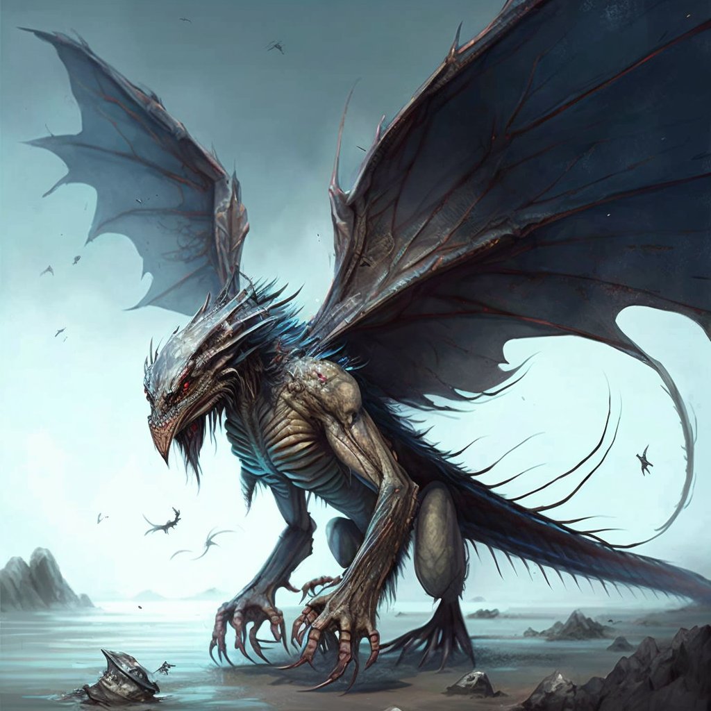mypron's tweet photo. @JazzaStudios

a vaguely human-like creature with scaly and rubbery skin whos face is a mass of feelers and tentacles they have giant claws on their front and back feet with long narrows wings on their back and they are huge like a mountain, high detail, sketchy oil painting https://t.co/5OvlsPtyc4