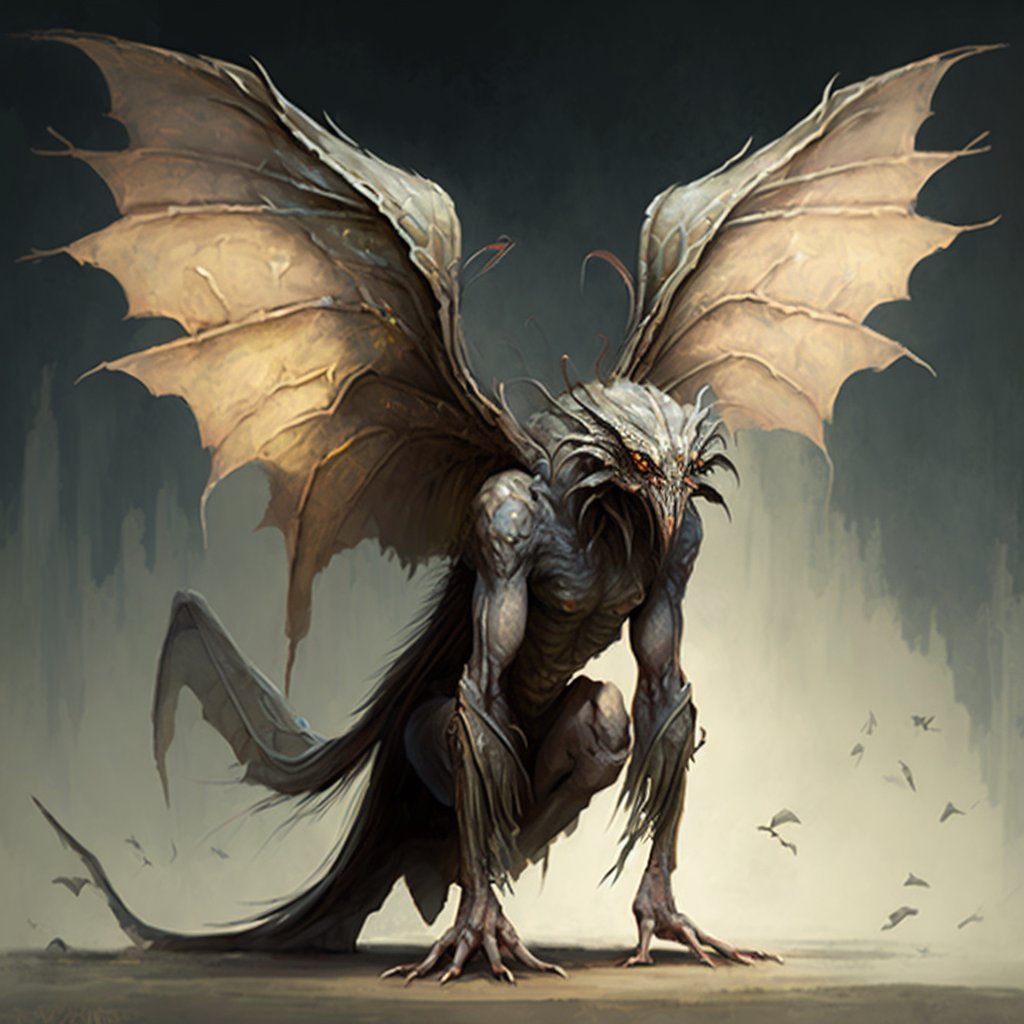 mypron's tweet photo. @JazzaStudios

a vaguely human-like creature with scaly and rubbery skin whos face is a mass of feelers and tentacles they have giant claws on their front and back feet with long narrows wings on their back and they are huge like a mountain, high detail, sketchy oil painting https://t.co/5OvlsPtyc4