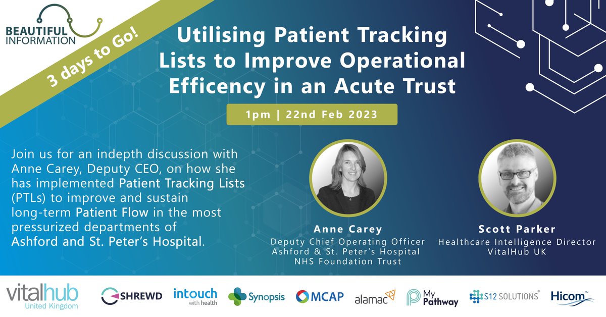 Beautiful Information (@beautinf) on Twitter photo 3 DAYS TO GO until our next session in our Patient Flow Transformation Webinar Series! We will be joined by Anne Carey, DCOO at <a href="/ASPHFT/">Ashford & St Peter's</a> to discuss how PTLs have been used to maintain patient flow in the most pressurised departments.
Register now vitalhubuk.com/webinars 3 DAYS TO GO until our next session in our Patient Flow Transformation Webinar Series! We will be joined by Anne Carey, DCOO at <a href="/ASPHFT/">Ashford & St Peter's</a> to discuss how PTLs have been used to maintain patient flow in the most pressurised departments.
Register now vitalhubuk.com/webinars
