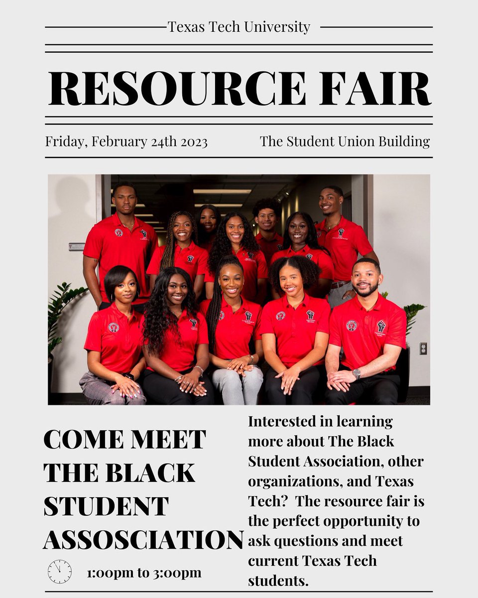📢‼️Attention Incoming Freshman Class ‼️📢

Interested in learning more about The Black Student Association, other organizations, and Texas Tech?  The resource fair is the perfect opportunity to ask questions and meet current Texas Tech students.