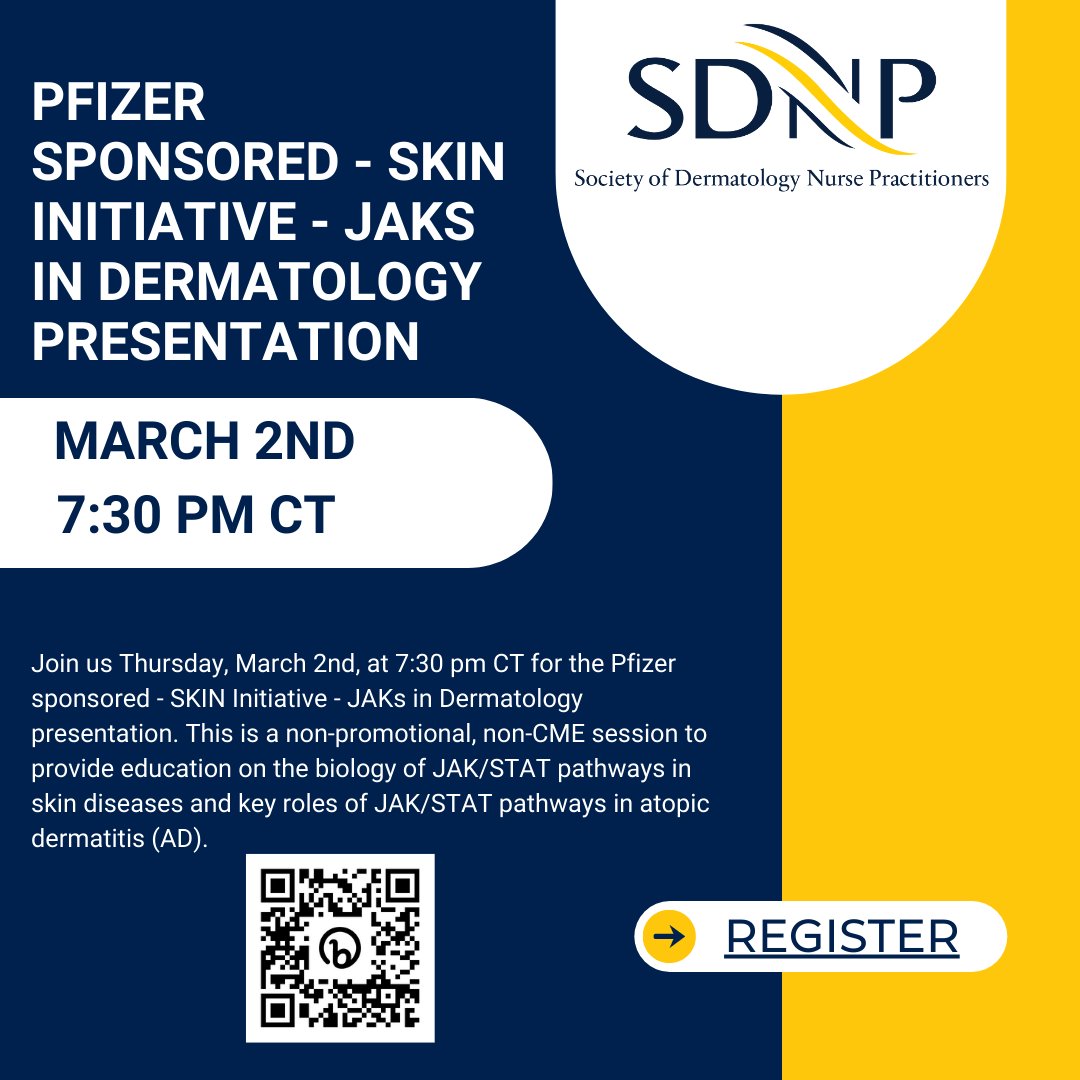 Join us March 2nd at 7:30 pm for the Pfizer sponsored - SKIN Initiative - JAKs in Dermatology presentation! #SDNP #PfizerSponsored #JAKs #DermNP bit.ly/40PrY5l