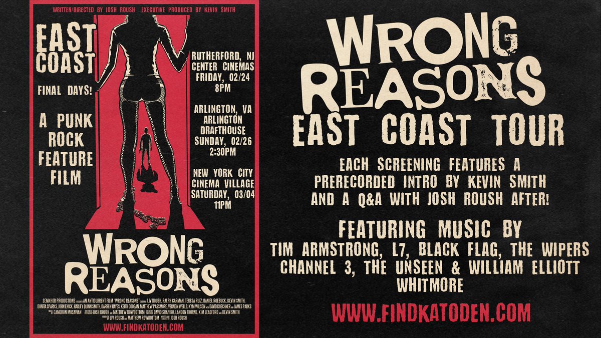 Dr. Josh Roush (@joshroush) on Twitter photo I'm coming back to the East Coast & I'm bringing my punk rock movie Wrong Reasons w/me!
Come watch my flick with me & I'll A your Q's after!
Fri 02/24: Center Cinemas- Rutherford, NJ
Sun 02/26: <a href="/cinemadraft/">Arlington Drafthouse</a>- Arlington, VA
Sat 03/04: <a href="/cinema_village/">Cinema Village</a>- NYC
FindKatOden.com I'm coming back to the East Coast & I'm bringing my punk rock movie Wrong Reasons w/me!
Come watch my flick with me & I'll A your Q's after!
Fri 02/24: Center Cinemas- Rutherford, NJ
Sun 02/26: <a href="/cinemadraft/">Arlington Drafthouse</a>- Arlington, VA
Sat 03/04: <a href="/cinema_village/">Cinema Village</a>- NYC
FindKatOden.com