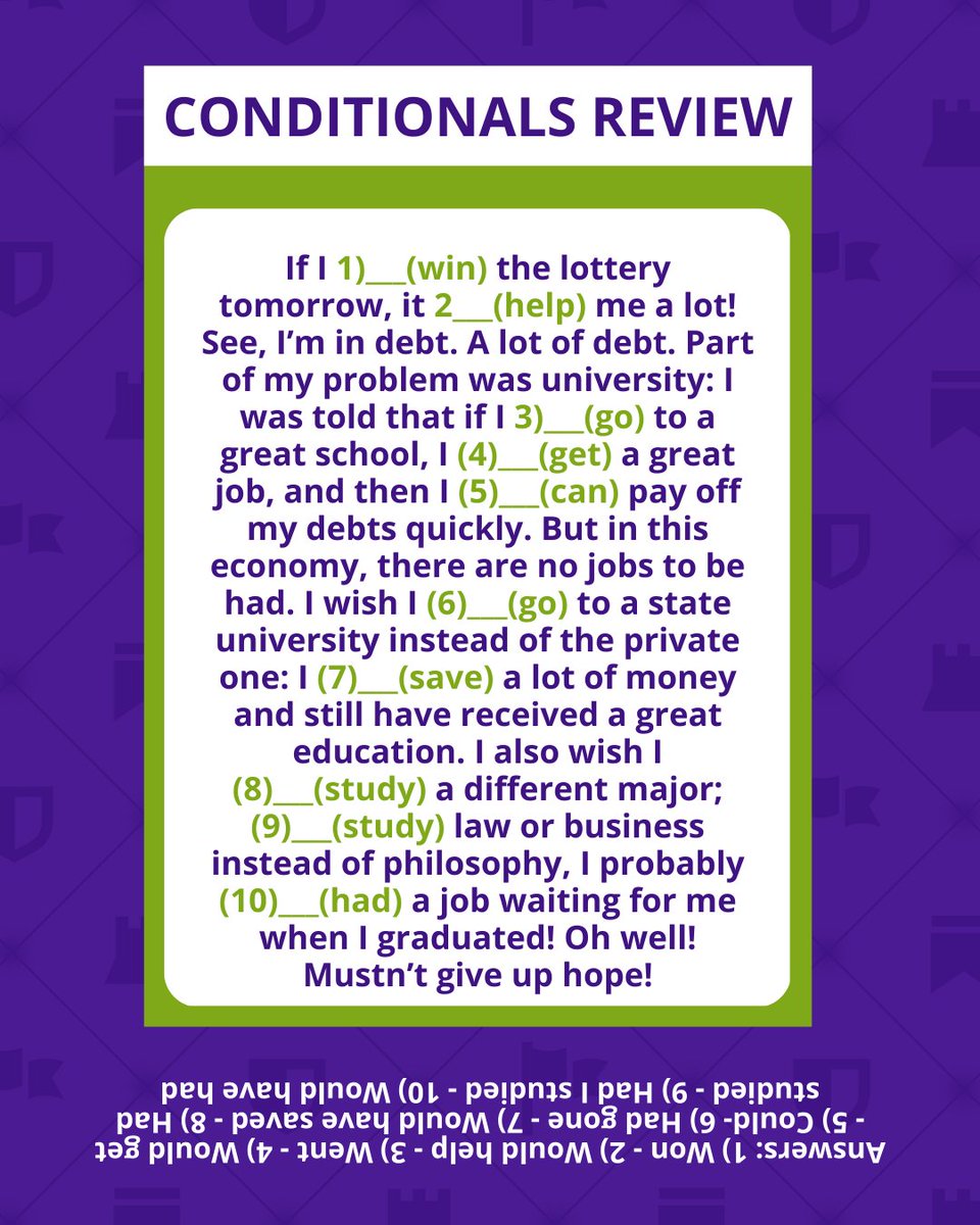 masterKeyingles's tweet photo. Put the verb in parentheses in the right tense for each second- or third-conditional sentence.

#businesswriting #technicalwriting #freelancing #clasesdeingles #expression #english #grammar #vocabulary https://t.co/hNRAJpBWJj