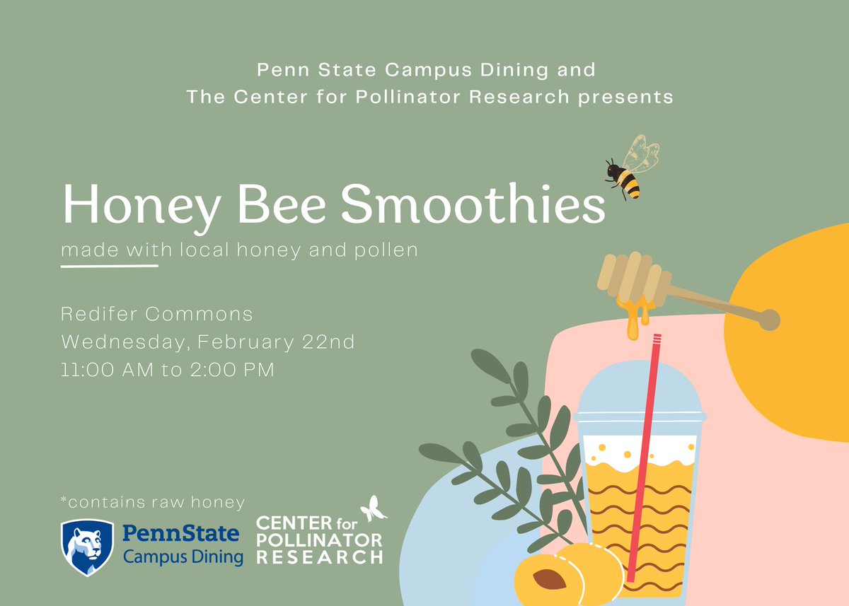 PSUPollinators's tweet photo. Stop by Redifer Commons this Wednesday for a honey bee smoothie! Learn about the nutritional value of honey and pollen, and other ways pollinators contribute to the foods we eat 🐝🫐
#psu #PennState @PennStateDining #PennStateDining https://t.co/UnwhkYknoO