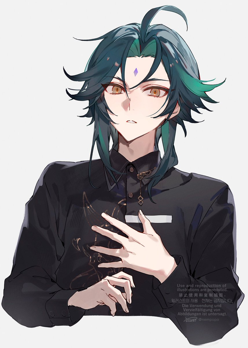 xiao (genshin impact) 1boy male focus solo simple background shirt green hair ahoge  illustration images