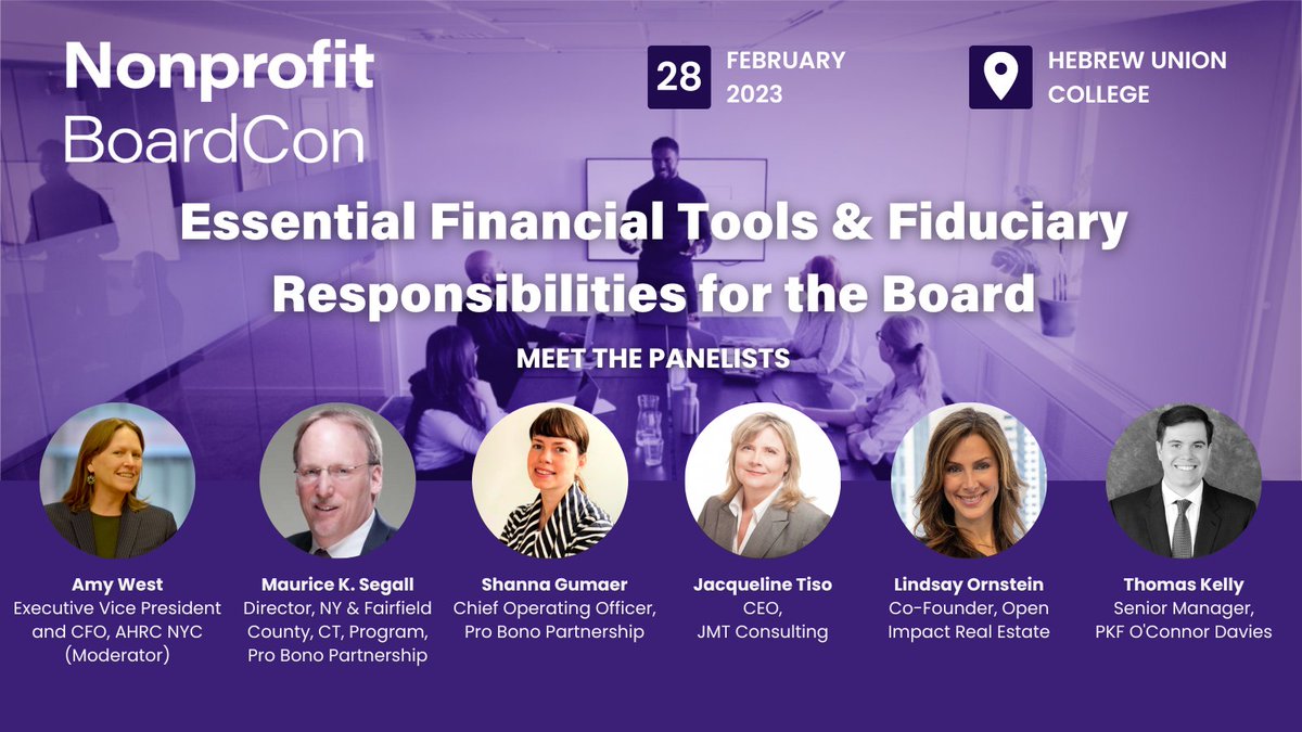 On 2/28, join us at #NYNBoardCon for a panel on essential financial tools &amp; fiduciary responsibilities with <a href="/AHRCNYC/">AHRC New York City</a>'s Amy West, <a href="/PBPartnership/">Pro Bono Partnership</a>'s Maurice Segall, <a href="/ProjectMorry/">Project Morry</a>'s Shanna Gumaer, <a href="/jmtconsulting/">JMT Consulting Group</a>'s Jackie Tiso &amp; <a href="/PKFOD/">PKF O'Connor Davies</a>'s Thomas Kelly!

RSVP: bit.ly/3XEcv6r