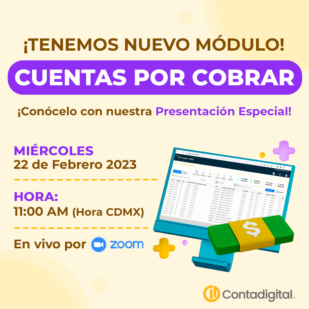 ContabilidadDig's tweet photo. ¡Terminó la espera! ¡Conoce el nuevo #módulo de #Contadigital: CUENTAS POR COBRAR! 💵🛍
📅Miércoles 22 de Febrero del 2023
⏰ Hora: 11:00 am (Hr. CDMX)
🔴 En Vivo por #zoom
Aparta tu lugar https://t.co/9y0u7NdnEt https://t.co/RRlYnXGdcF
