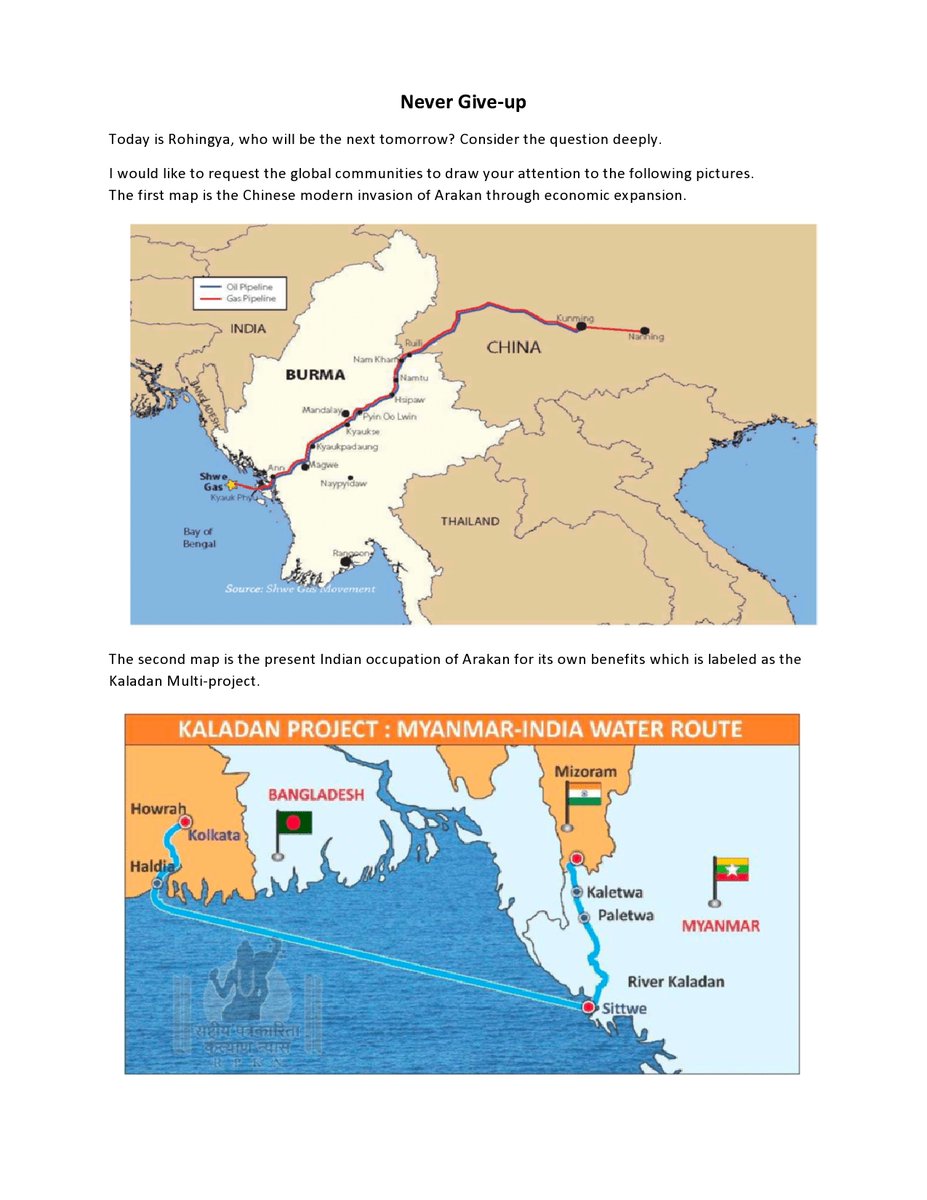 kokolinn65's tweet photo. Never Give-up 
Today is Rohingya, who will be the next tomorrow? Consider the question deeply.  
I would like to request the global communities to draw your attention to the following pictures. 
The first map is the Chinese modern invasion of Arakan through economic expansion. https://t.co/a33bfhpPrX
