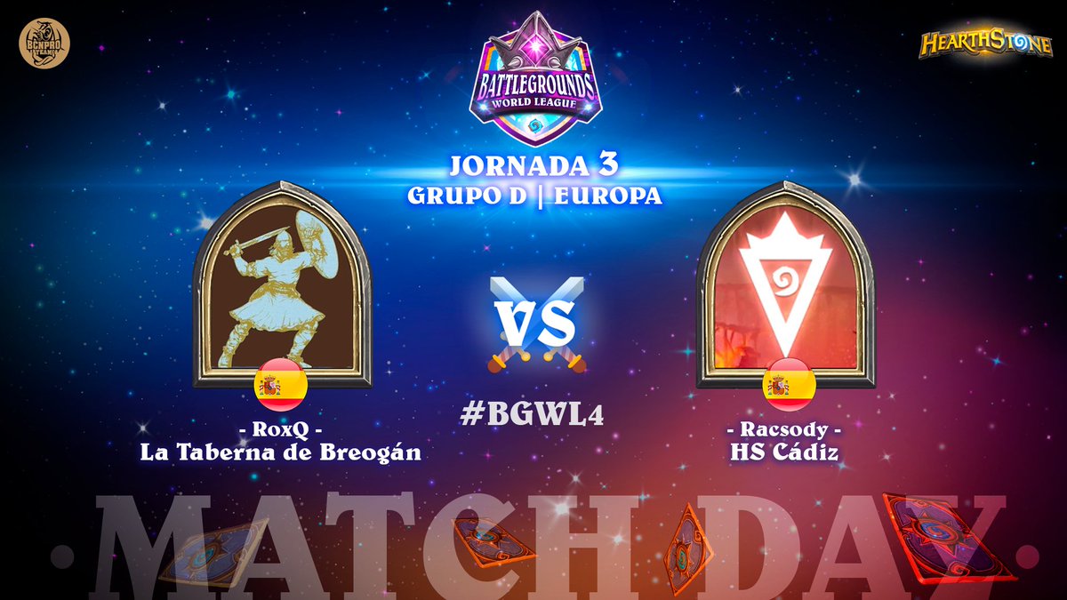 ⚔️ MATCH DAY ⚔️
🟣 Jornada 3 | Grupo D | Europa

🇪🇸#LaTabernaDeBreogán vs 🇪🇸<a href="/HSCadiz/">Hearthstone Cádiz</a> 

⏰ 20:30 h. CET | 11:30 h. PT

¡No te lo pierdas! 
📺 twitch.tv/Roxq
📺 twitch.tv/Algerstam
📺 twitch.tv/Brugdar_
📺 twitch.tv/Tekoolucky

👑 #BGWL4