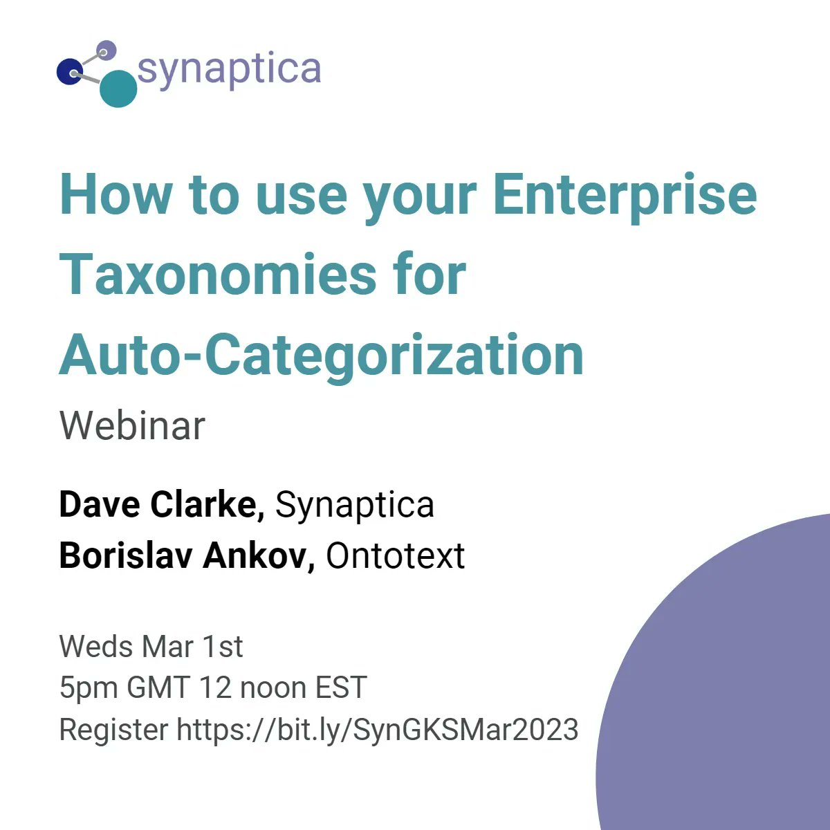 Synaptica's tweet photo. Webinar | How to Use Your Enterprise Taxonomies for Auto-Categorization. Case-studies, Semantic tagging & classification.
Hosted by Synaptica, Supported by @Ontotext
Next week Weds Mar 1st
#Taxonomy
#Ontology
#AutoTagging
Register https://t.co/0dkpRhPmmf https://t.co/FUo8C5HESG