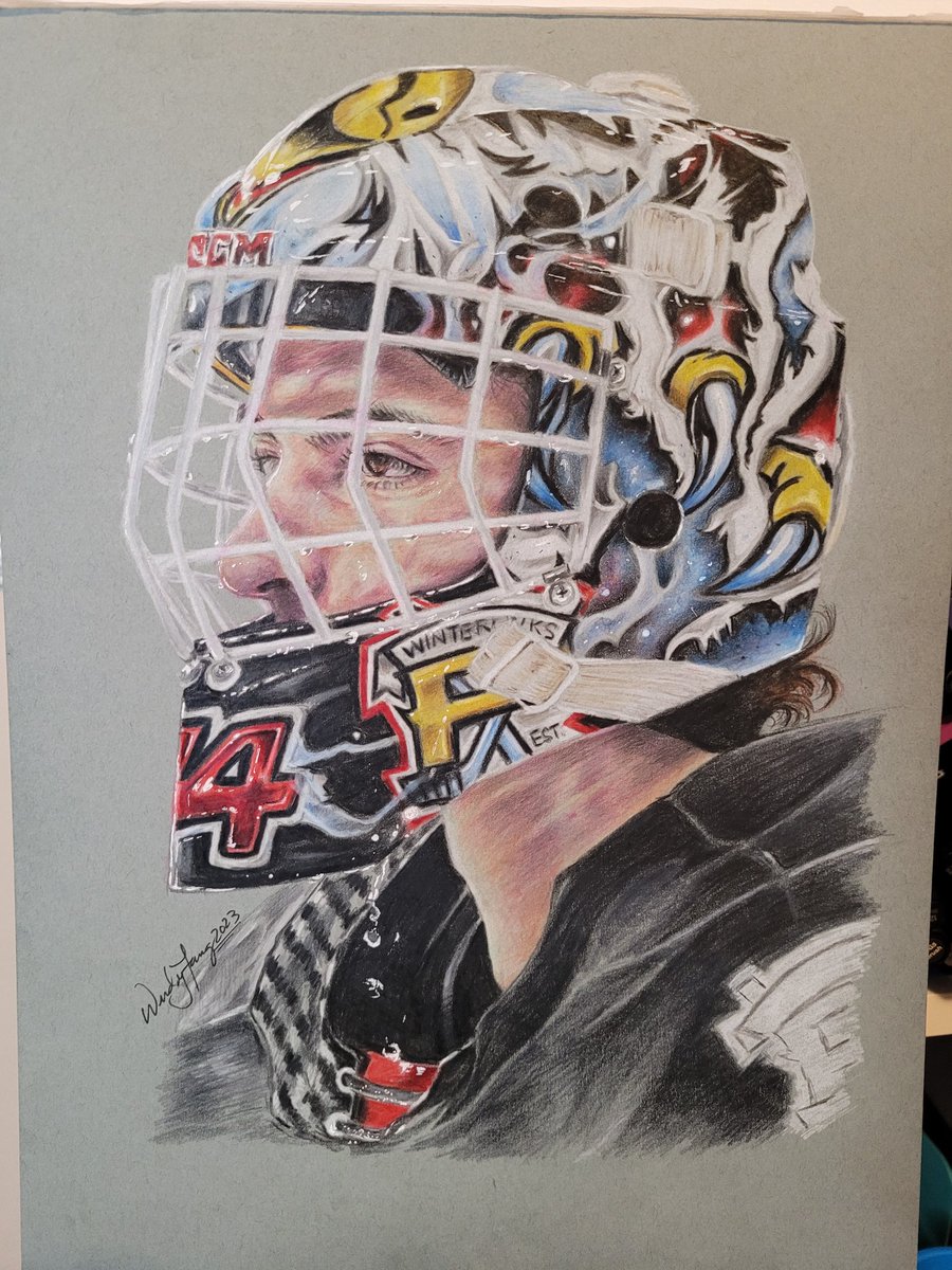 Good morning twitterverse, here's the completed goalie portrait of Dante Giannuzzi of the <a href="/pdxwinterhawks/">Portland Winterhawks</a>. It's seriously my best portrait (yet) for a coloured pencil render! #WHL #hockeyart #polychromos #StrathmoreArt