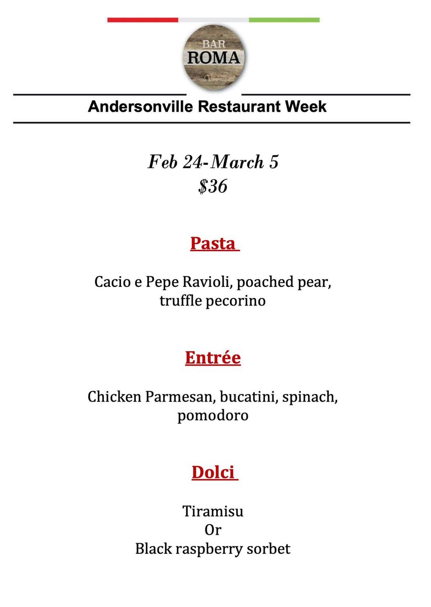 #AndersonvilleRestaurantWeek begins this Friday! Chef Ramos' three course menu will be available from February 24-March 5 for $36 per person. Visit BarRomaChicago.com to reserve your table.🍷🍝 #AvilleEats <a href="/avillechamber/">Andersonville Chamber</a>