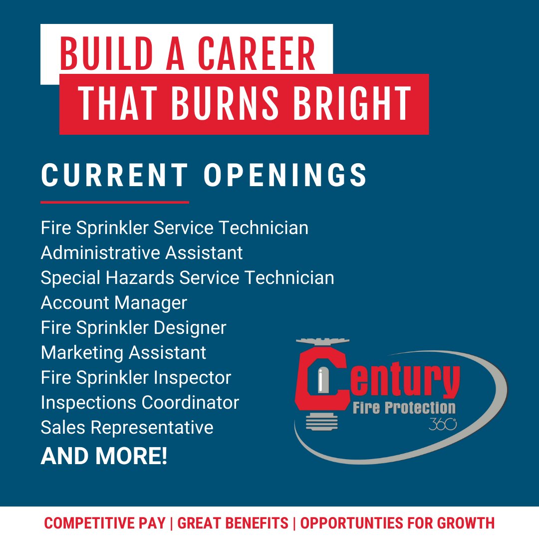 CenturyFP's tweet image. Our goal is to empower our employees &amp;amp; give them a place to build a career that burns bright. We offer great pay, excellent benefits, &amp;amp; all the tools, training, &amp;amp; equipment to be successful! Check out our openings and apply at hubs.la/Q01zmn_-0 #Hiring #FireProtectionJobs