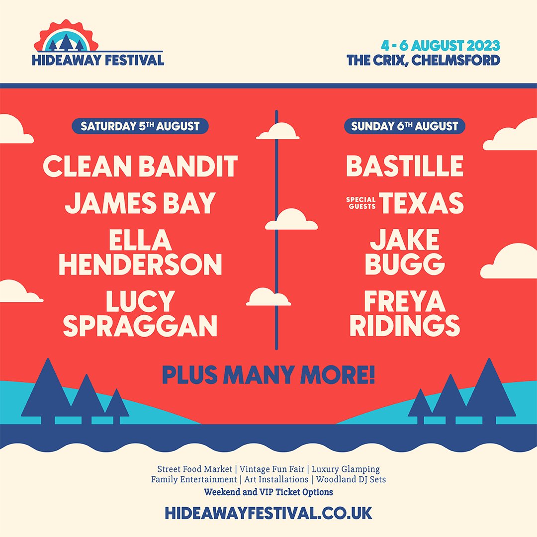 🚨 Our 2023 line up is here! 🚨 Join the likes of @cleanbandit, @bastille, @JamesBayMusic, @texastheband, @EllaHenderson, @JakeBugg, @FreyaRidings, @lspraggan and more to come. Limited Early Bird Tickets on sale from 24th Feb 🎫 👉 hideawayfestival.co.uk