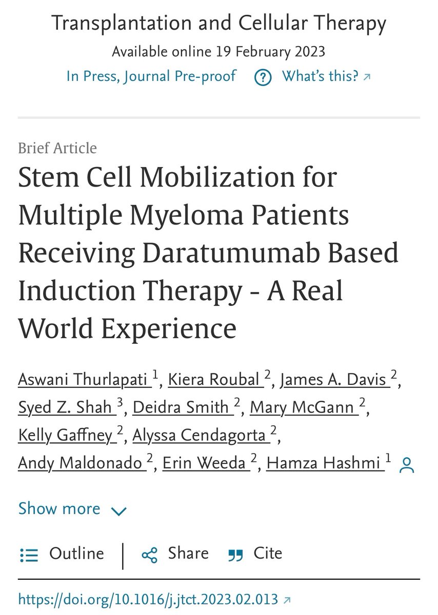 Does the addition of daratumumab to RVd induction impact stem cell collection? We shed some light on this question in our latest <a href="/ASTCT/">ASTCT</a> article. once again, great work team! 👏 @hamzahashmi87 <a href="/KieraPharmd/">Kiera Roubal, PharmD, BCOP</a> <a href="/pharmDeej/">Deidra Smith</a> @KGaffneyPharmD <a href="/MaryMcGann17/">Mary McGann</a>  #mmsm sciencedirect.com/science/articl…
