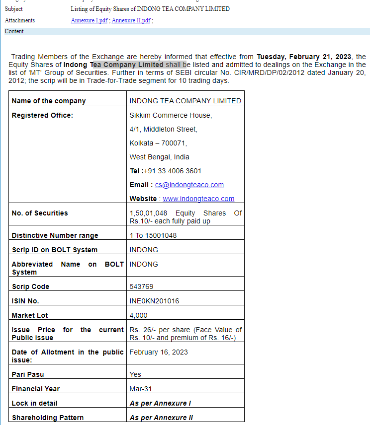 alkeshthakkar's tweet photo. Listing of Equity Shares of INDONG TEA COMPANY LIMITED
#INDONG
Tuesday, February 21, 2023, the Equity Shares of Indong Tea Company Limited shall be listed and admitted to dealings on the Exchange in the list of 'MT' Group of Securities. https://t.co/MyWq8hMx0k