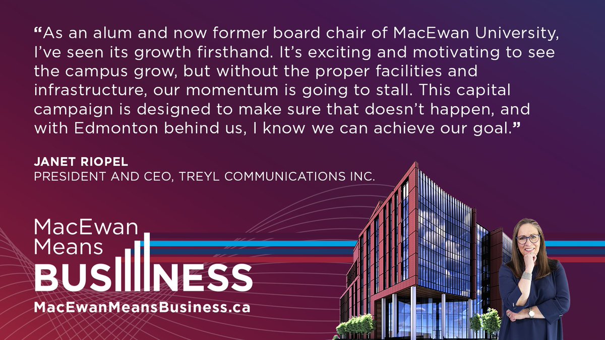 triffoschool's tweet photo. Janet Riopel, President and CEO of TREYL Communications has experienced @MacEwanU firsthand as a student, alum, and most recently as a former board chair for the university. For her, the #MacEwanMeansBusiness campaign is a key piece of Edmonton’s future success. 

#YEG #ABpostsec https://t.co/MEkHZXSzkM