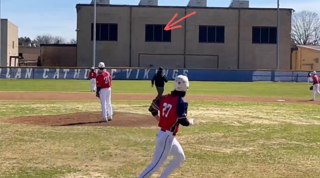 By the way, the "bang" in the video about when I round first is the ball hitting the window of that big building.  😁