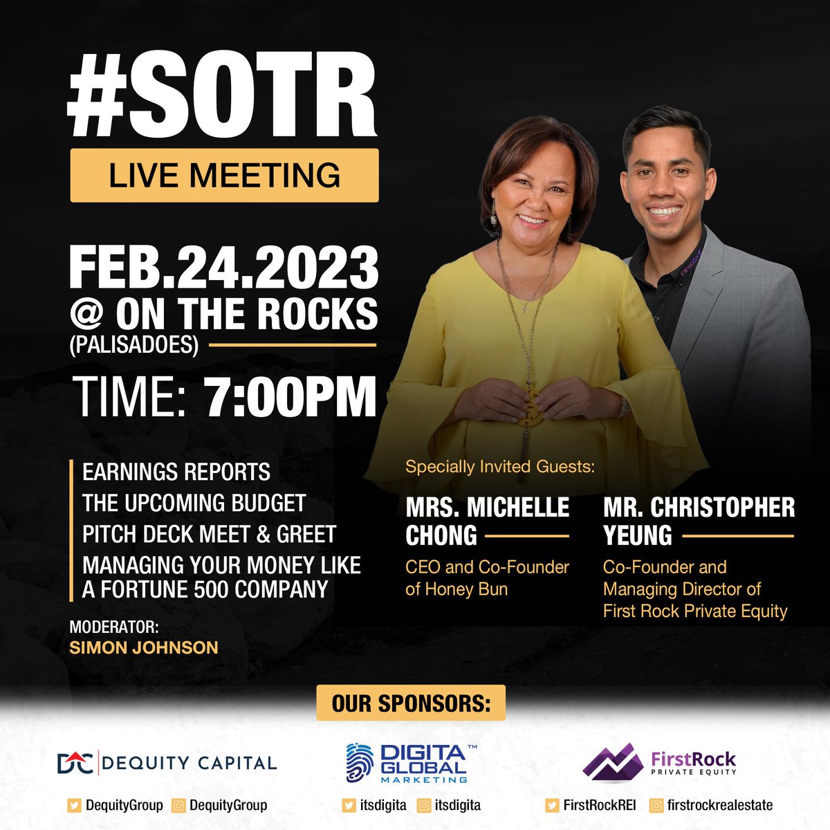 Join us this Friday at 7pm for our February month-end meeting. We will also have 2 special guests with us, Mrs. Michelle Chong, Co-Founder &amp; CEO of Honey Bun, and Mr. Christopher Yeung, Co-Founder &amp; MD of First Rock Private Equity.

Food, Drinks &amp; Security are provided.