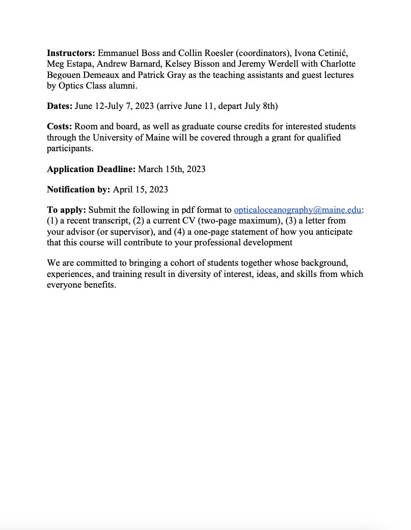 Interested in optical oceanography? Come join us in Maine this summer for four intensive weeks on ocean color, optics, sensors, radiative transfer, and products from ocean color.

I had the most amazing time attending this course and am happy to discuss!

ioccg.org/wp-content/upl…
