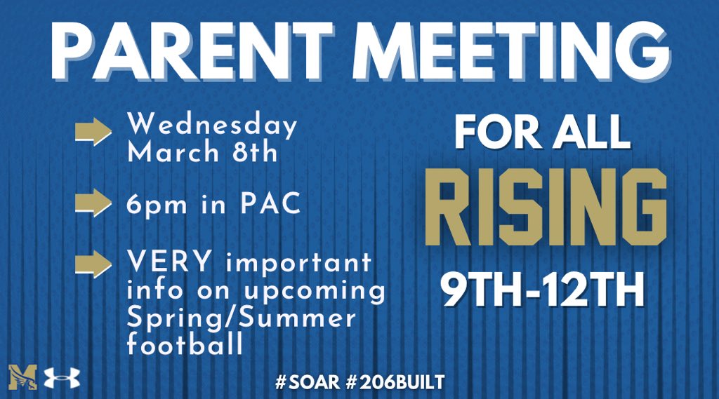 MenendezFootba1's tweet photo. March 8th, there will be a parent meeting for ALL rising 9th-12th graders who plan to play football this year. This meeting will be at 6pm in the auditorium. Please come to hear about important information on Spring & Summer football. π¦
#206Built #SOAR https://t.co/3zfeecZy8x